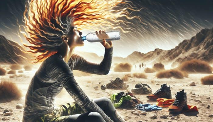Person drinking water in hot, arid environment, surrounded by sports equipment, with healthy, vibrant hair.