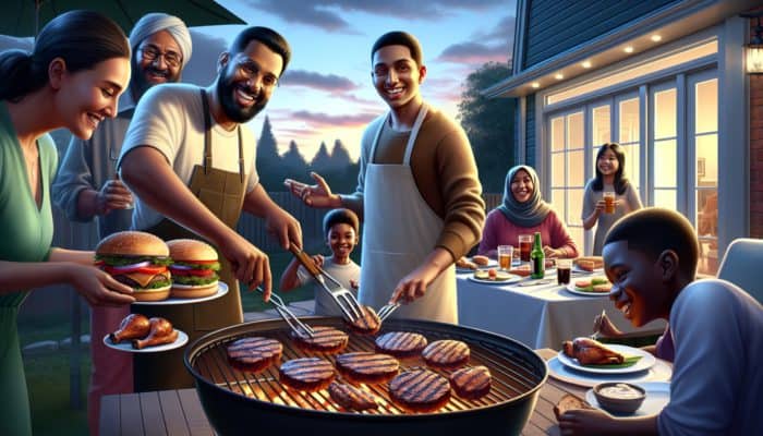 A novice griller serving flavorful burgers, tender ribs, and perfectly grilled chicken to delighted family and friends in a cozy backyard setting.