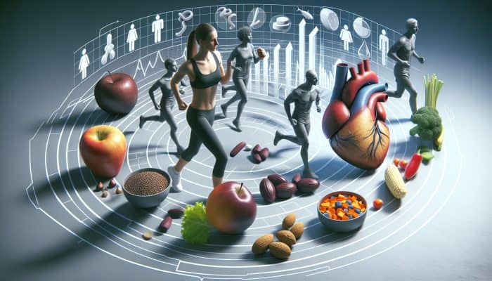 Infographic outlining the impact of diet and exercise on cholesterol, featuring fats, fiber, and physical activities.