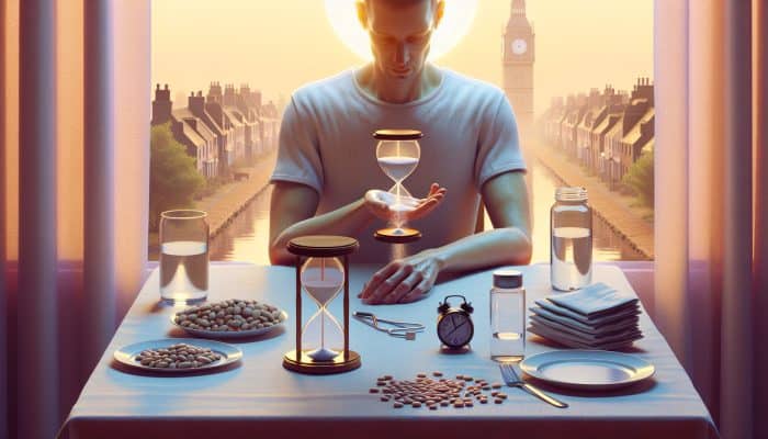 Individual in Cannock fasting 9-12 hours for a cholesterol test, drinking water, morning scene with clock and blood vial.