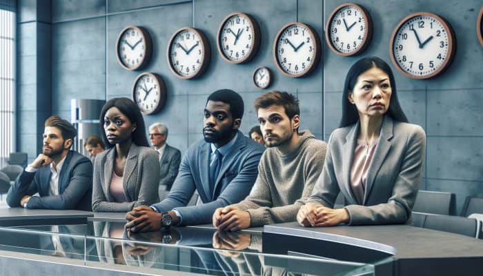 A diverse group in a bank lobby, with clocks showing different times, symbolizing varied loan approval and funding timelines in the UK.