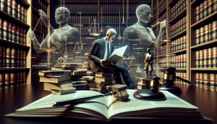 Individual in a library reviewing "Legal Considerations for Clearance" document, surrounded by law-related books, gavel, and scales of justice.