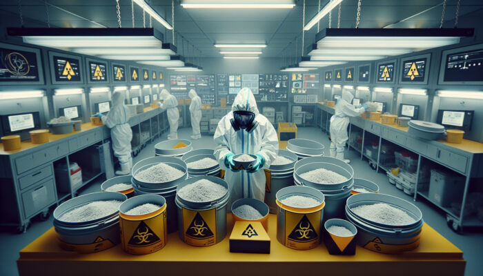 Individual in protective gear handling asbestos, surrounded by labeled hazardous waste containers in a controlled environment.