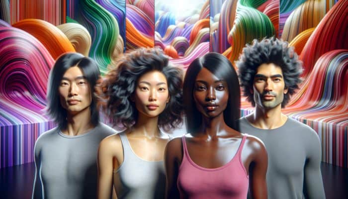 Diverse group showcasing genetic and environmental effects on hair volume in a modern setting.