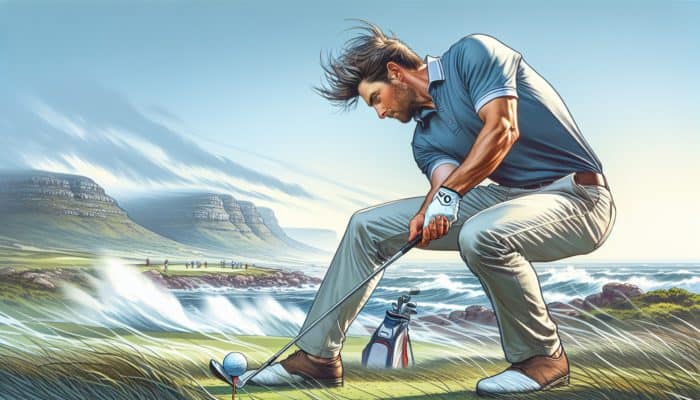 Golfer at Simola Golf Club adjusting to coastal winds, lowering stance and widening feet for stability, positioning ball back for headwind control.