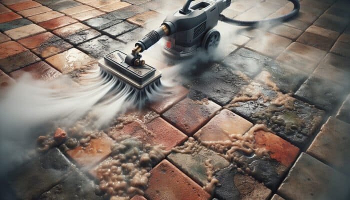 High-pressure steam cleaner effectively removing dirt from quarry tiles, revealing their natural colors and textures.