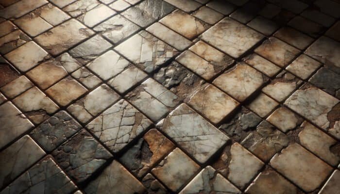 Worn quarry tiles showing dullness, discoloration, cracks, and stains from steam cleaning on an old kitchen floor.