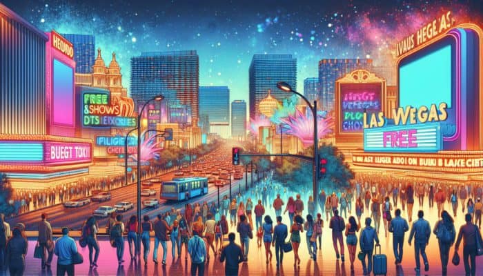 Vibrant Las Vegas Strip at night with budget travelers experiencing affordable entertainment and neon lights.
