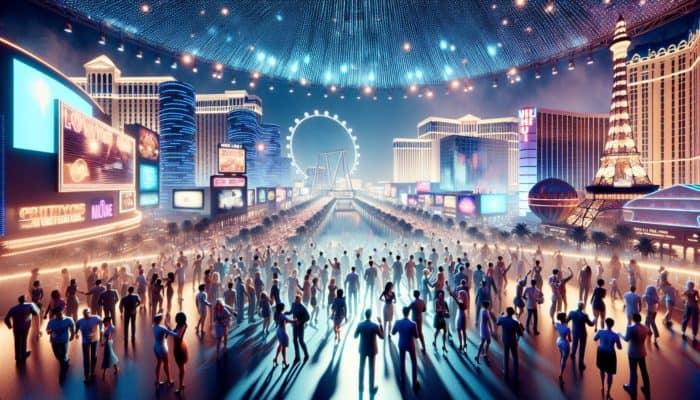 Vibrant Las Vegas night scene featuring people enjoying bundled entertainment deals, including a show, dining, and the High Roller Observation Wheel under neon lights.
