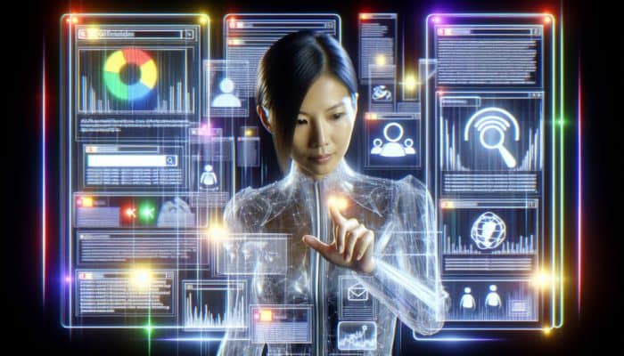 Futuristic SEO analyst analyzing holographic SERP features, including snippets, panels, and ads, with data visualizations.