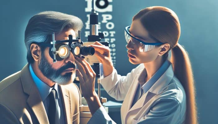 Eye Health Exams for Men: A middle-aged man receiving an eye exam in a modern optometrist's office to prevent vision loss.