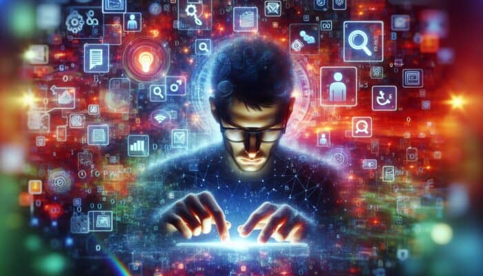 A person typing a query into a search engine, surrounded by icons representing various search intents in a vibrant digital space.
