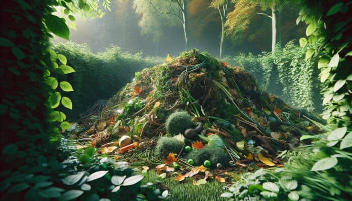 Green Waste Rules for House Clearance: A pile of organic garden waste in a lush garden, symbolizing sustainable waste management.