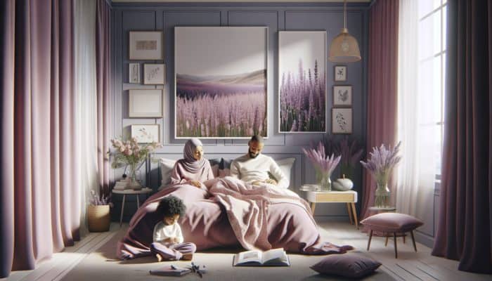 A serene bedroom with lavender flowers, promoting relaxation and family peace.