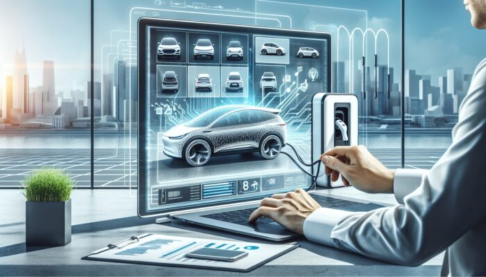 Individual finalizing an electric vehicle rental on their laptop, displaying EV models on the screen, with visible charging stations and a city skyline.
