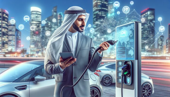 Individual using a touchscreen to locate charging stations for an electric rental car within an urban environment.