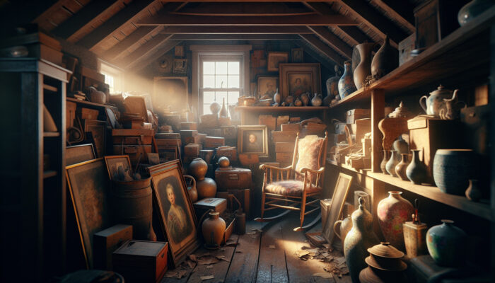 A cluttered attic with family photos, rocking chair, and antique vases, illuminated by soft light streaming through a dusty window.