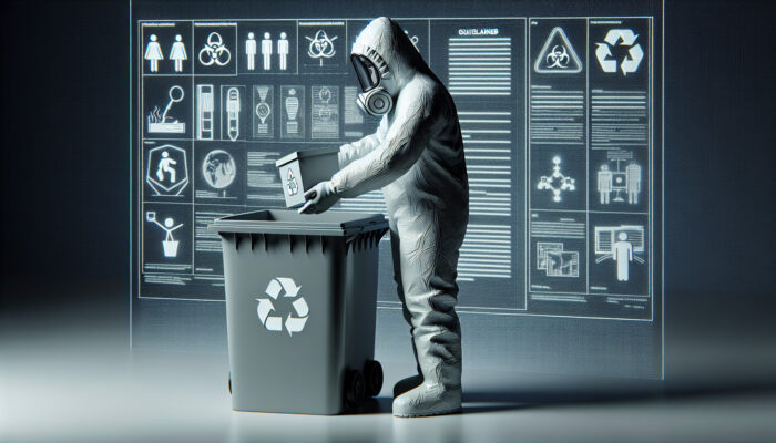 Individual in hazmat suit safely disposing of hazardous waste into recycling bin, with legal documents and guidelines nearby.