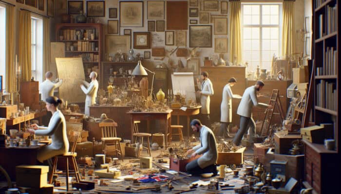 Expert team efficiently sorting and clearing antiques from a UK home, creating a warm and nostalgic atmosphere.