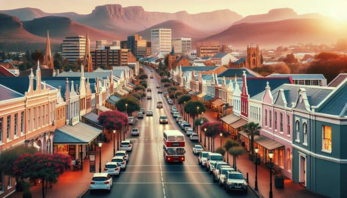 A historic street in Graaff-Reinet with charming homes near parks and shopping centers, highlighting high property values.