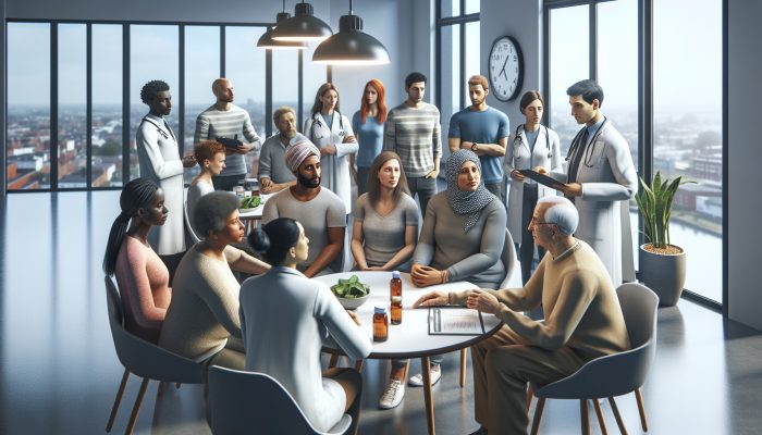 A diverse group consulting with a healthcare provider about vitamin B12 testing in a modern clinic setting.