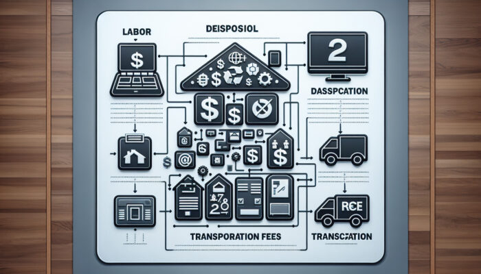 Infographic showcasing house clearance costs, detailing sections on labor, disposal, and transportation illustrated with icons and graphs.