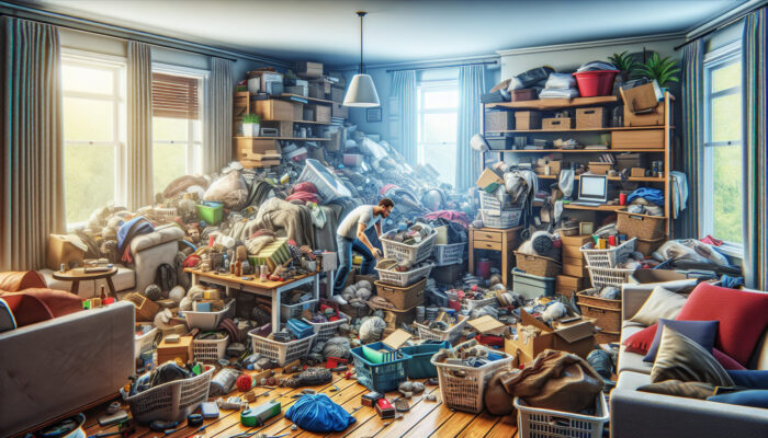 A stressed homeowner surrounded by underestimated cluttered items, conducting a last-minute inventory before clearance.