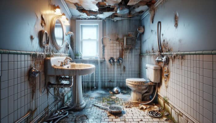 A bathroom with various shower issues like leaks, cracks, and mold, needing professional repair.