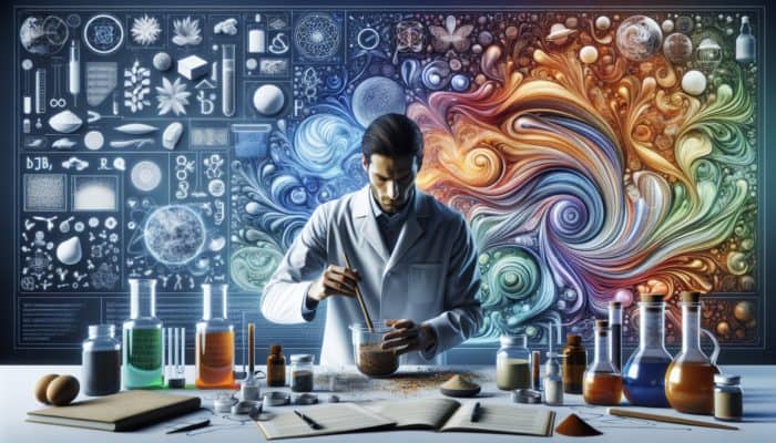 A scientist blends natural ingredients, analyzing their compatibility through swirling patterns, creating a harmonious product.