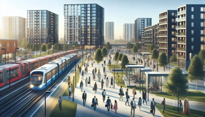 A bustling real estate market in Brits featuring modern, affordable housing conveniently located near public transport, attracting young professionals and families.