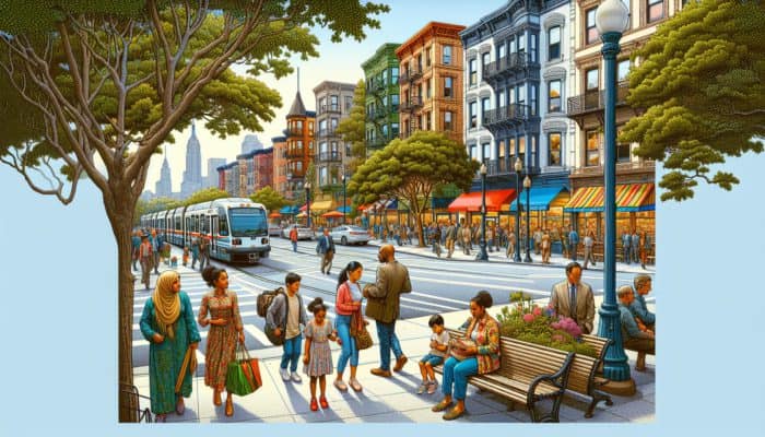 A bustling urban scene illustrating easy access to public transport, vibrant neighborhoods, and family-friendly parks.