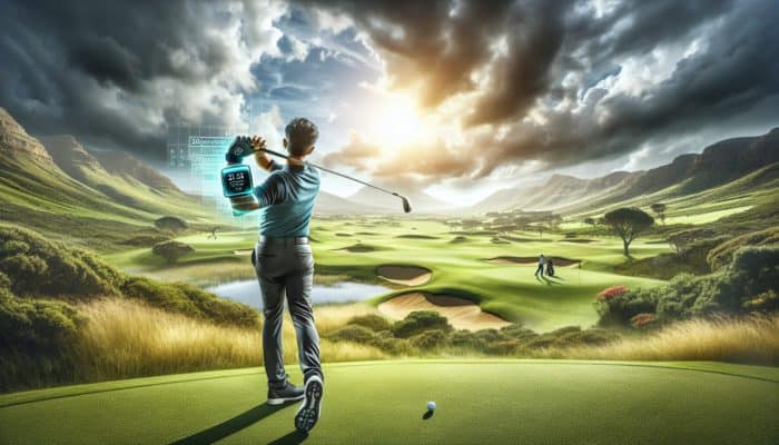 Golfer using advanced performance tracker on a South African golf course to analyze swing and trajectory.