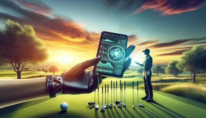 A golfer utilizing a modern golf performance tracker on a green at sunset, with clubs in the vicinity.
