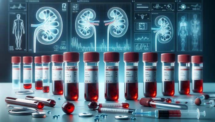 Illustration of kidney blood test vials labeled with creatinine, urea, and electrolytes, along with kidney diagrams.