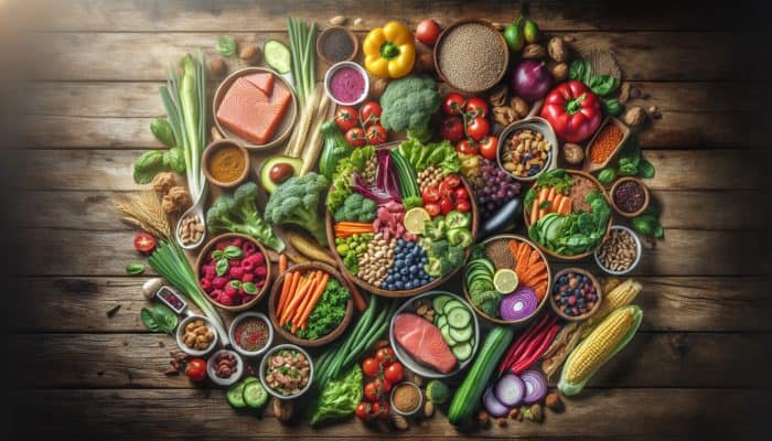 Vibrant display of healthy meals under 500 calories arranged on rustic wooden tables.
