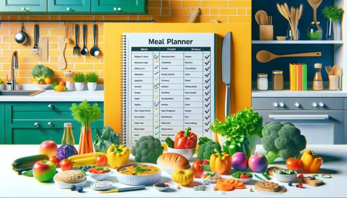 A kitchen scene showcasing a meal planner and fresh, low-calorie foods organized for balanced, under 500-calorie meals.