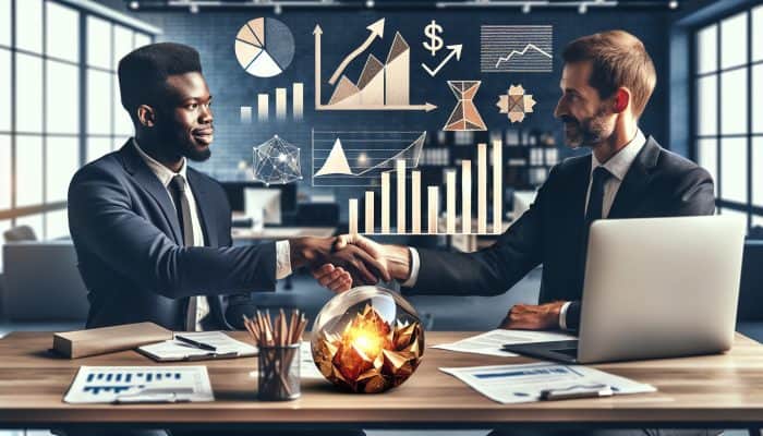 Person in suit shaking hands with banker, surrounded by charts and documents, symbolizing successful loan negotiation.