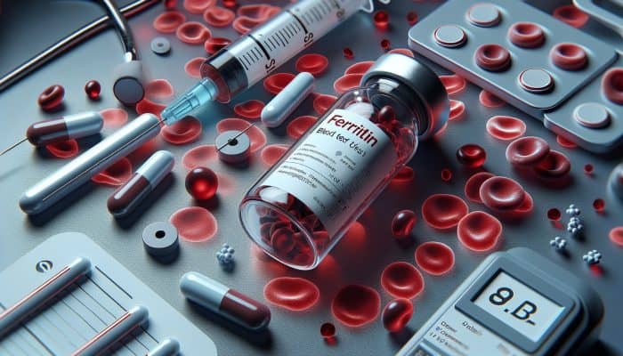 Ferritin Blood Test in Redditch: A ferritin blood test vial with medical equipment, symbolizing diagnosis of iron issues, against red blood cells.