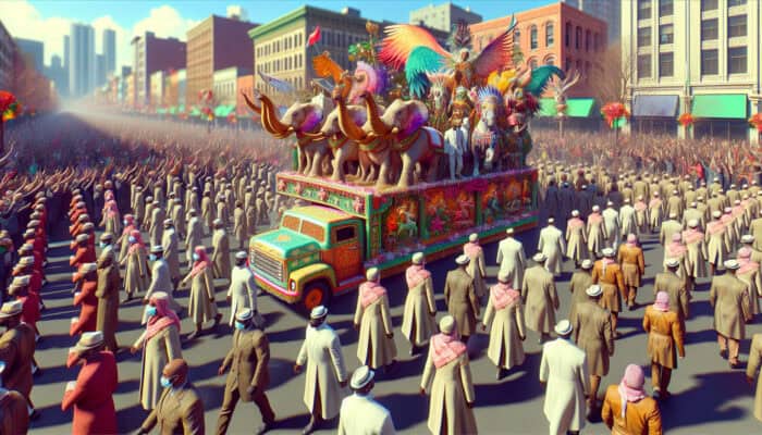 A colorful holiday parade with organized floats and diverse animals like elephants and horses under a sunny sky.
