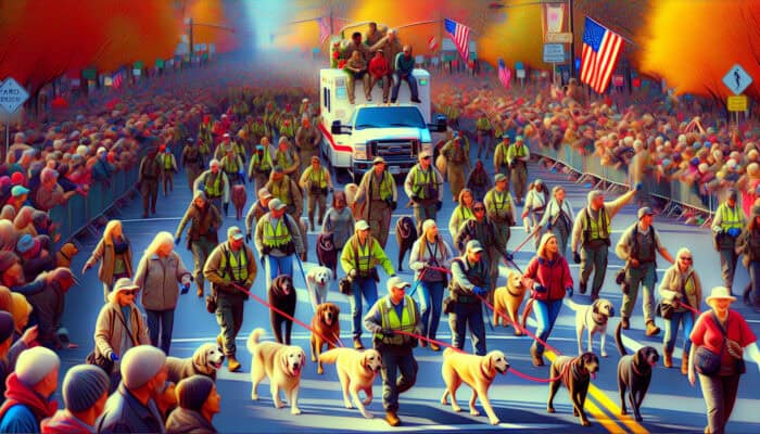 A lively holiday parade with volunteers managing animals and crowds, ensuring safety and enjoyment for all.
