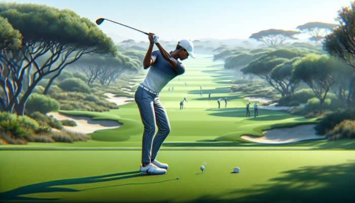 Practicing swing techniques on a lush course, using an open stance for higher trajectory.