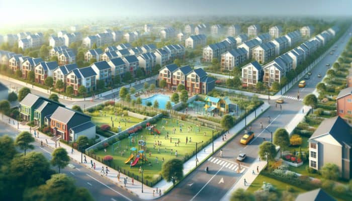 A lively neighborhood with homes adjacent to schools, parks, and playgrounds, illustrating the positive influence of school zones on property values.