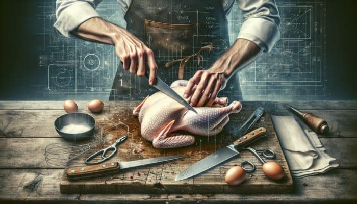 A chef spatchcocking a chicken on a wooden board with tools like a knife and shears.