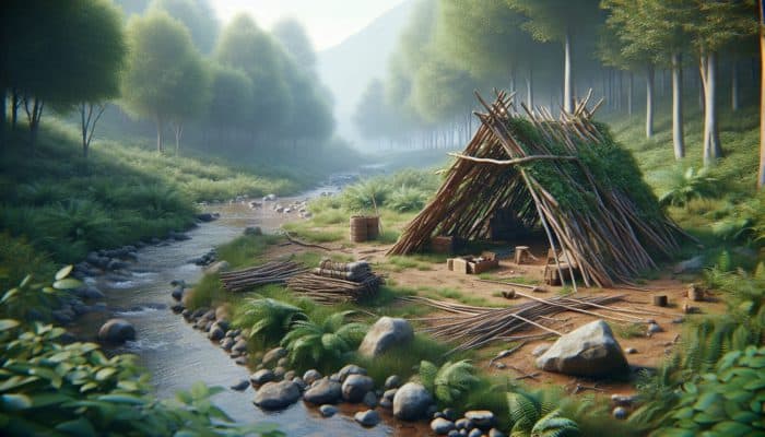 Constructing a primitive shelter using natural materials in a forest clearing, near a stream.