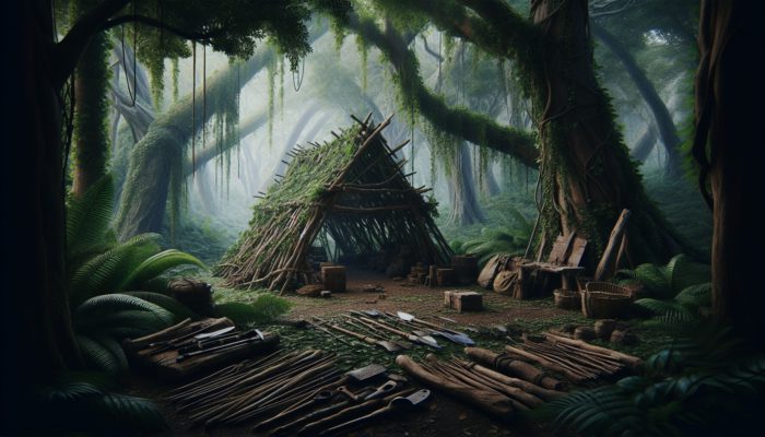 Gathering various plants for primitive shelter construction in a lush forest, equipped with tools for material preparation.