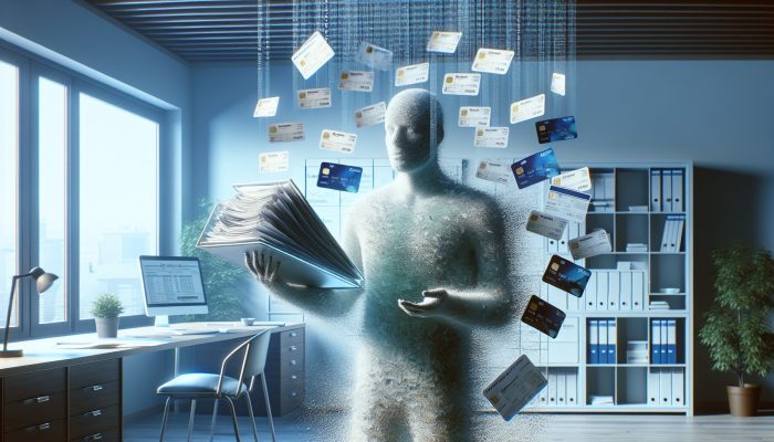 Can Debt Consolidation Lead to More Debt: UK Insights | DCL A person relieved in a home office, holding a single document amidst scattered credit cards and loan papers, symbolizing debt consolidation.