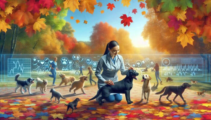 Pets having fun in autumn leaves with health icons representing vet checks.