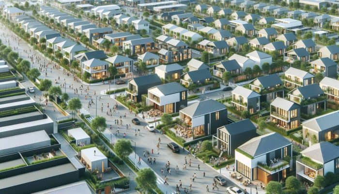 Aerial view of a lively neighbourhood featuring modern entry-level homes and green spaces.