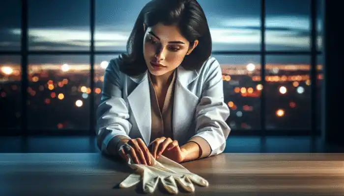 Expert inspecting nitrile gloves with Windsor skyline behind.