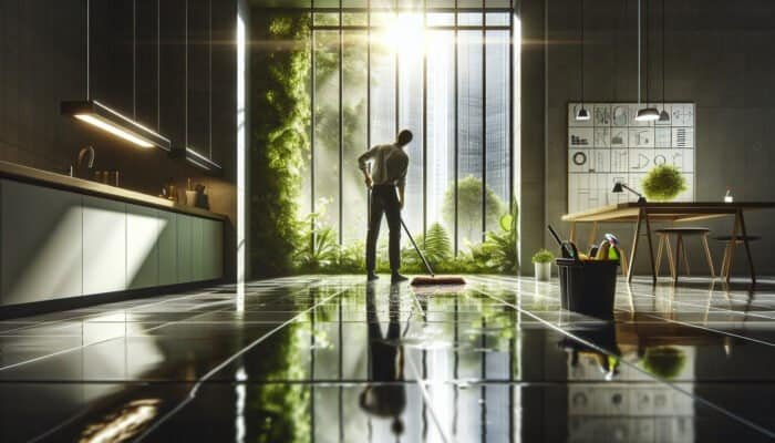 Individual cleaning slate floors with eco-friendly products in West Dunbartonshire, surrounded by natural lighting and greenery.